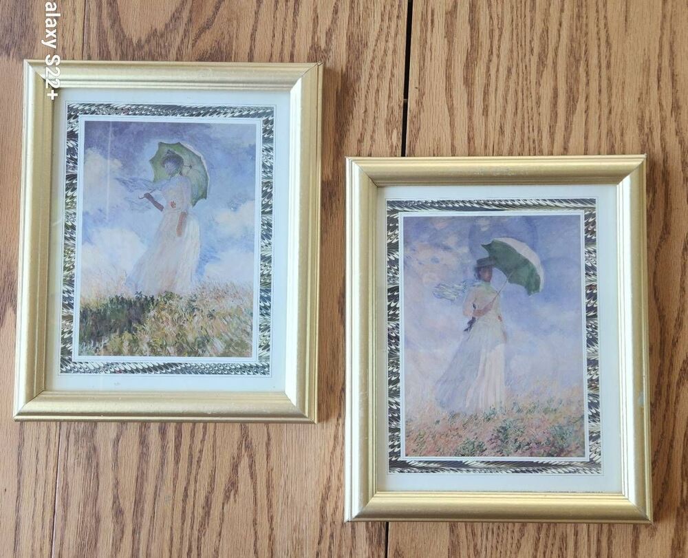 Set of 2 Framed Lady with Parasol Prints in Gold Frames - Green, White, Cream